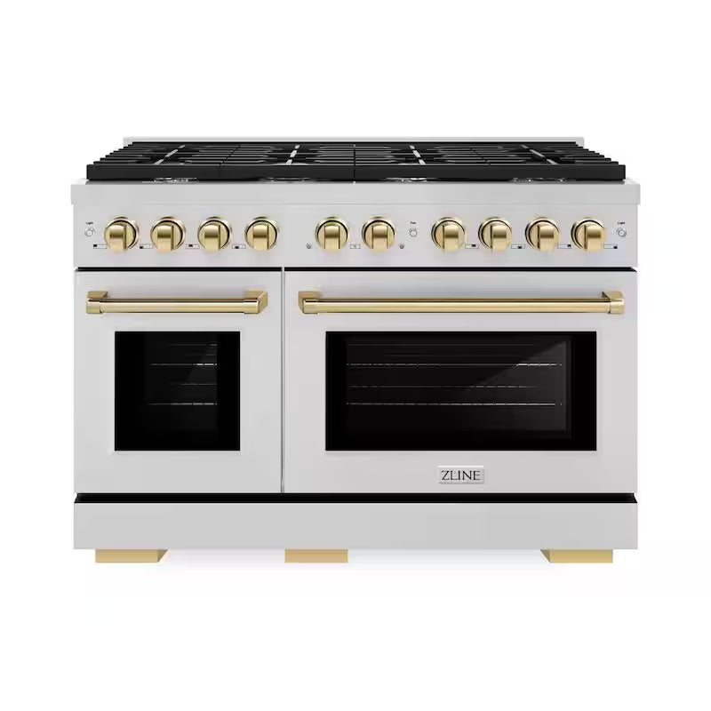 48 in. 8-Burner Freestanding Gas Range and Double Convection Oven in Stainless Steel and Polished Gold F573